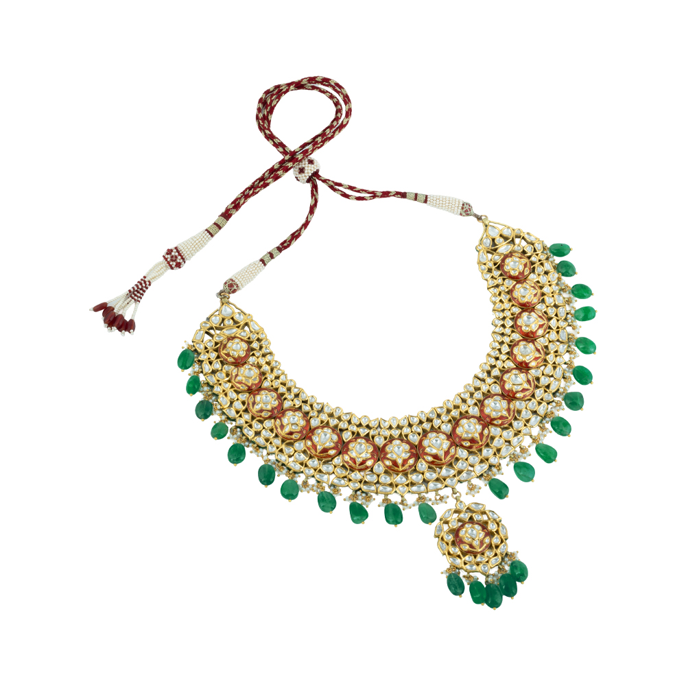 Polki Necklace with Red Enamel and Emerald Drops